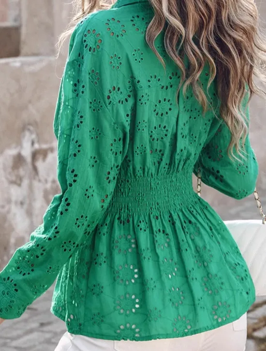 Discount Women's Elegant Lace Tops Eyelet Blouse Casual Solid Color Regular Tops Long Sleeve Shirt Collar Buttons Eyelet Regular Fit Daily Romantic Petite Tops Summer Holiday Wear Women Lace Tops