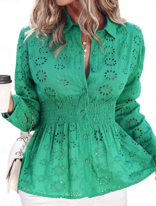 Discount Women's Elegant Lace Tops Eyelet Blouse Casual Solid Color Regular Tops Long Sleeve Shirt Collar Buttons Eyelet Regular Fit Daily Romantic Petite Tops Summer Holiday Wear Women Lace Tops