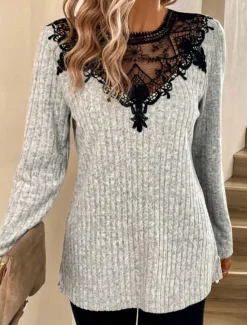 Outlet Women's Elegant Lace Tops Eyelet Blouse Stylish Solid Color Plain Regular Tops Long Sleeve Crew Neck Lace Patchwork Regular Fit Daily Romantic Petite Tops Summer Holiday Wear Spring Fall Women Lace Tops