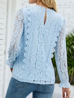 Hot Women's Elegant Lace Tops Eyelet Blouse Elegant Solid Color Lace Eyelet Lantern Sleeve Long Sleeve V Neck Daily Romantic Petite Tops Summer Holiday Wear Pink Sky Blue Green Beige Summer Women Lace Tops