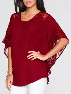 Best Women's Elegant Lace Tops Eyelet Blouse Casual Solid Color Regular Tops 3 4 Length Sleeve Crew Neck Lace Patchwork Regular Fit Daily Red Navy Blue Romantic Petite Tops Summer Holiday Wear Women Lace Tops