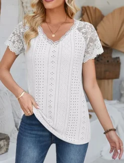 Outlet Women's Elegant Lace Tops Eyelet Blouse Fashion Modern Casual Plain Regular Tops Short Sleeve V Neck Eyelet Regular Fit Daily Weekend Romantic Petite Tops Summer Holiday Wear White Blue Summer Women Lace Tops