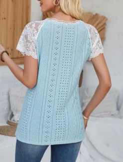 Outlet Women's Elegant Lace Tops Eyelet Blouse Fashion Modern Casual Plain Regular Tops Short Sleeve V Neck Eyelet Regular Fit Daily Weekend Romantic Petite Tops Summer Holiday Wear White Blue Summer Women Lace Tops