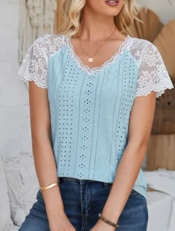 Outlet Women's Elegant Lace Tops Eyelet Blouse Fashion Modern Casual Plain Regular Tops Short Sleeve V Neck Eyelet Regular Fit Daily Weekend Romantic Petite Tops Summer Holiday Wear White Blue Summer Women Lace Tops