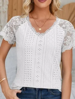 Outlet Women's Elegant Lace Tops Eyelet Blouse Fashion Modern Casual Plain Regular Tops Short Sleeve V Neck Eyelet Regular Fit Daily Weekend Romantic Petite Tops Summer Holiday Wear White Blue Summer Women Lace Tops