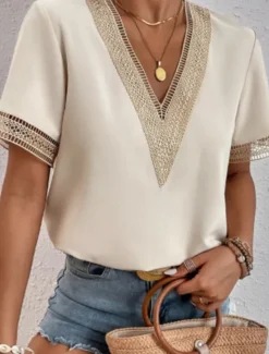Online Women's Elegant Lace Tops Eyelet Blouse Lace Work Stylish Modern Short Sleeve Romantic Petite Tops Summer Holiday Wear Black Summer Spring Semi Formal Blouses Women Lace Tops