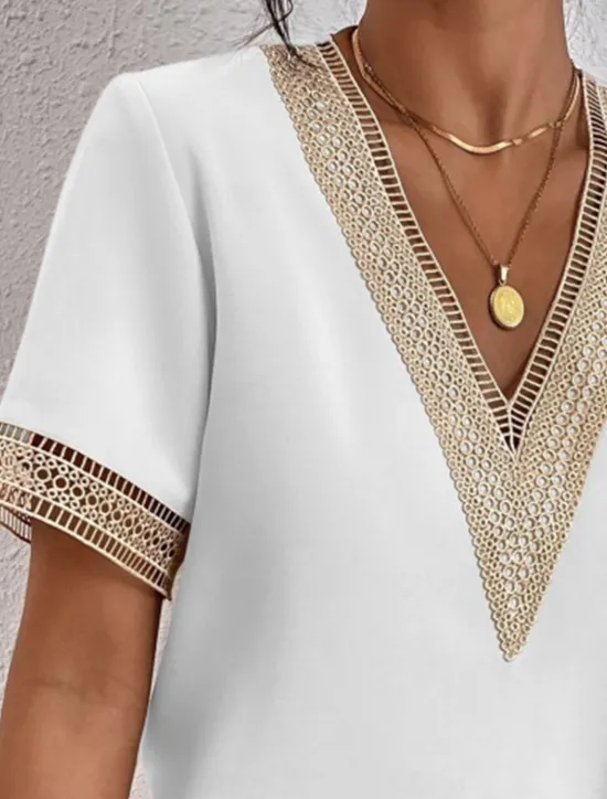 Online Women's Elegant Lace Tops Eyelet Blouse Lace Work Stylish Modern Short Sleeve Romantic Petite Tops Summer Holiday Wear Black Summer Spring Semi Formal Blouses Women Lace Tops