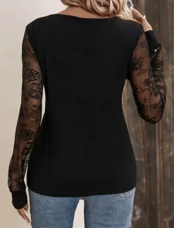 Hot Women's Elegant Lace Tops Eyelet Sexy Blouse Casual Solid Color Regular Tops Long Sleeve V Neck Lace Patchwork Regular Fit Daily Romantic Petite Tops Summer Holiday Wear Evening Tops Women Lace Tops