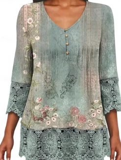 Online Women's Elegant Lace Tops Eyelet Blouse Casual Ombre Floral Lace Buttons 3 4 Length Sleeve Regular Tops V Neck Daily Romantic Petite Tops Summer Holiday Wear Black Pink Blue Green Spring Fall Women Lace Tops