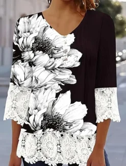 Online Women's Elegant Lace Tops Eyelet Blouse Casual Ombre Floral Lace Buttons 3 4 Length Sleeve Regular Tops V Neck Daily Romantic Petite Tops Summer Holiday Wear Black Pink Blue Green Spring Fall Women Lace Tops