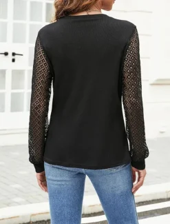 Sale Women's Elegant Lace Tops Eyelet Blouse Casual Solid Color Regular Tops Long Sleeve V Neck Lace Patchwork Regular Fit Daily Black Wine Romantic Petite Tops Summer Holiday Wear Women Lace Tops