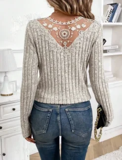Discount Women's Elegant Lace Tops Eyelet Blouse Fashion Modern Casual Plain Regular Tops Long Sleeve V Neck Regular Fit Daily Weekend Romantic Petite Tops Summer Holiday Wear Black Light Grey Beige Fall Women Lace Tops