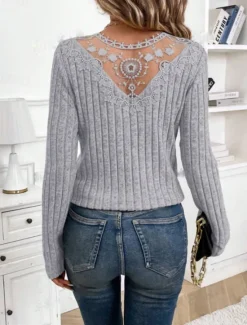 Discount Women's Elegant Lace Tops Eyelet Blouse Fashion Modern Casual Plain Regular Tops Long Sleeve V Neck Regular Fit Daily Weekend Romantic Petite Tops Summer Holiday Wear Black Light Grey Beige Fall Women Lace Tops