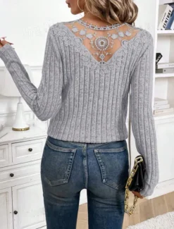 Discount Women's Elegant Lace Tops Eyelet Blouse Fashion Modern Casual Plain Regular Tops Long Sleeve V Neck Regular Fit Daily Weekend Romantic Petite Tops Summer Holiday Wear Black Light Grey Beige Fall Women Lace Tops