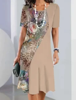 Women's Elegant Midi Dress T Shirt Dress Tee Dress Shift Dress Party Evening Casual Formal Daily Regular Fit Floral Abstract Short Sleeve Crew Neck White Pink Light Brown Spring Women Casual Dress|T Shirt Dresses