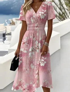 Hot Women's Elegant Midi Dress A Line Dress Wrap Dress V Neck Short Sleeve Going out Regular Fit Floral Graphic Pink Blue Purple Green Women Casual Dress|Floral Dresses
