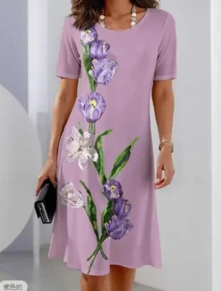 Best Women's Elegant Midi Dress T Shirt Dress Tee Dress Shift Dress Party Evening Casual Formal Daily Regular Fit Floral Graphic Abstract Short Sleeve Crew Neck Black White Light Purple Spring Women T Shirt Dresses