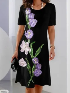 Best Women's Elegant Midi Dress T Shirt Dress Tee Dress Shift Dress Party Evening Casual Formal Daily Regular Fit Floral Graphic Abstract Short Sleeve Crew Neck Black White Light Purple Spring Women T Shirt Dresses