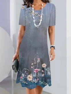 Hot Women's Elegant Midi Dress T Shirt Dress Tee Dress Shift Dress Party Evening Casual Formal Daily Regular Fit Floral Abstract Short Sleeve Crew Neck Red Blue Green Spring Women Casual Dress|T Shirt Dresses