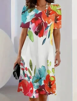 Hot Women's Elegant Midi Dress T Shirt Dress Tee Dress Shift Dress Party Evening Casual Formal Daily Regular Fit Floral Abstract Short Sleeve Crew Neck Red Blue Green Spring Women Casual Dress|T Shirt Dresses