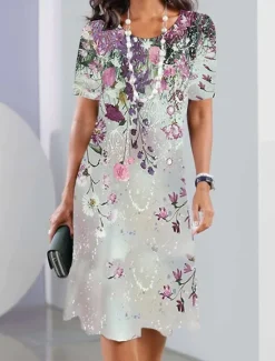 New Women's Elegant Party Evening Midi Dress Crew Neck Short Sleeve Casual Dress Shift Dress Summer Dress Stylish Formal Work Casual Regular Fit Floral Black And White Red Blue Purple Women T Shirt Dresses