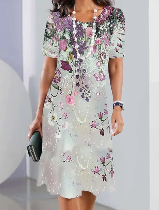 New Women's Elegant Party Evening Midi Dress Crew Neck Short Sleeve Casual Dress Shift Dress Summer Dress Stylish Formal Work Casual Regular Fit Floral Black And White Red Blue Purple Women T Shirt Dresses