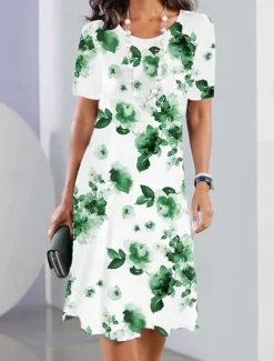New Women's Elegant Party Evening Midi Dress Crew Neck Short Sleeve Casual Dress Shift Dress Summer Dress Stylish Formal Work Casual Regular Fit Floral Black And White Red Blue Purple Women T Shirt Dresses