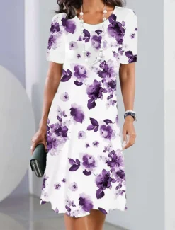 New Women's Elegant Party Evening Midi Dress Crew Neck Short Sleeve Casual Dress Shift Dress Summer Dress Stylish Formal Work Casual Regular Fit Floral Black And White Red Blue Purple Women T Shirt Dresses