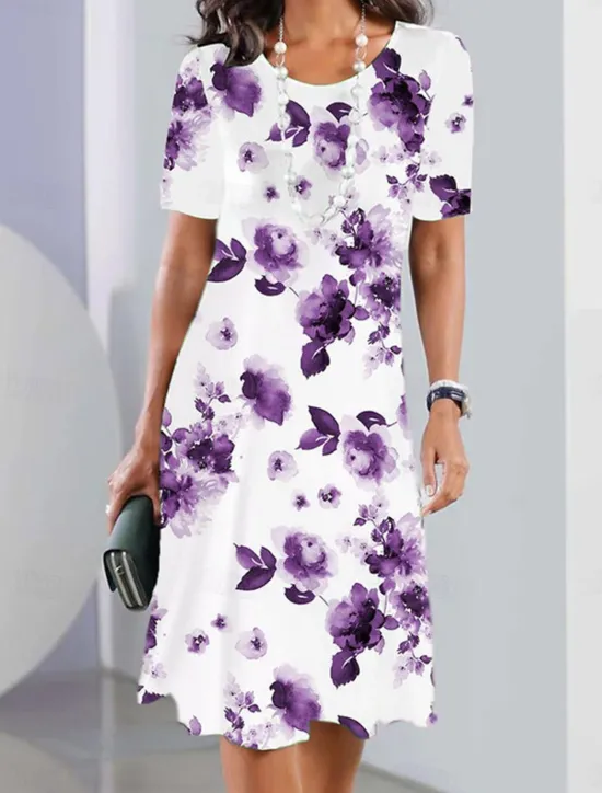 New Women's Elegant Party Evening Midi Dress Crew Neck Short Sleeve Casual Dress Shift Dress Summer Dress Stylish Formal Work Casual Regular Fit Floral Black And White Red Blue Purple Women T Shirt Dresses