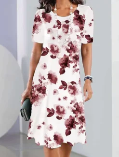New Women's Elegant Party Evening Midi Dress Crew Neck Short Sleeve Casual Dress Shift Dress Summer Dress Stylish Formal Work Casual Regular Fit Floral Black And White Red Blue Purple Women T Shirt Dresses
