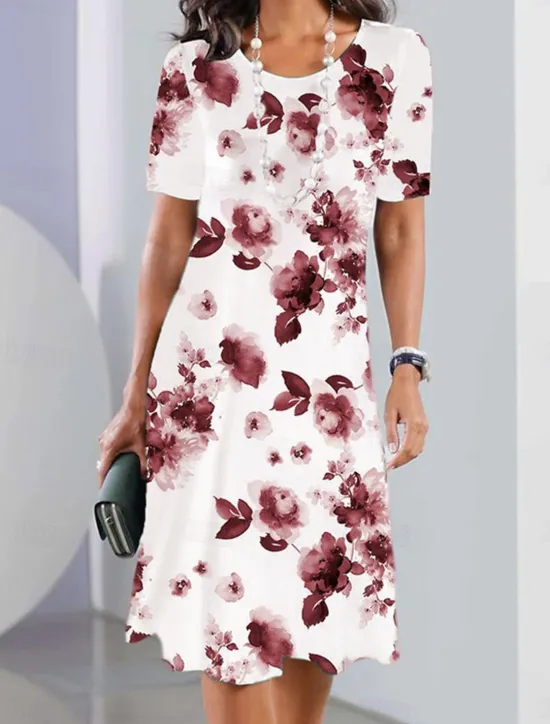 New Women's Elegant Party Evening Midi Dress Crew Neck Short Sleeve Casual Dress Shift Dress Summer Dress Stylish Formal Work Casual Regular Fit Floral Black And White Red Blue Purple Women T Shirt Dresses