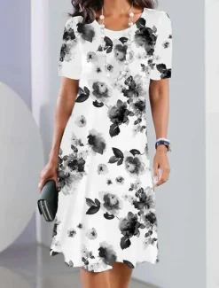 New Women's Elegant Party Evening Midi Dress Crew Neck Short Sleeve Casual Dress Shift Dress Summer Dress Stylish Formal Work Casual Regular Fit Floral Black And White Red Blue Purple Women T Shirt Dresses