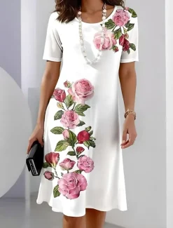 Outlet Women's Elegant Party Evening Midi Dress Crew Neck Short Sleeve Casual Dress Shift Dress Summer Dress Stylish Formal Work Casual Regular Fit Floral Summer Spring Women T Shirt Dresses