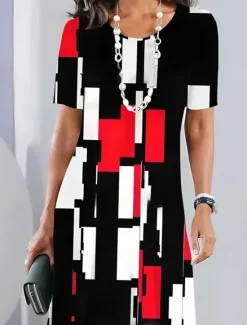New Women's Elegant Party Evening Midi Dress Crew Neck Short Sleeve Shift Dress A Line Dress Casual Boho Daily Regular Fit Graphic Geometric Plaid Summer Spring Fall Women Work Dresses
