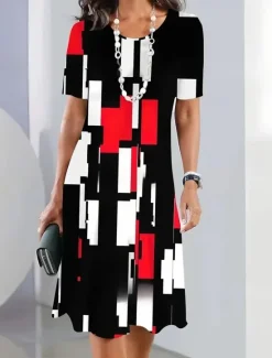 New Women's Elegant Party Evening Midi Dress Crew Neck Short Sleeve Shift Dress A Line Dress Casual Boho Daily Regular Fit Graphic Geometric Plaid Summer Spring Fall Women Work Dresses
