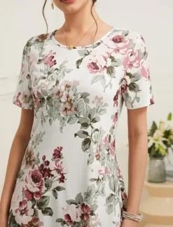 Sale Women's Elegant Party Evening Midi Dress Crew Neck Short Sleeve Shift Dress A Line Dress Summer Dress Daily Loose Fit Floral Green Beige Summer Women T Shirt Dresses