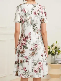 Sale Women's Elegant Party Evening Midi Dress Crew Neck Short Sleeve Shift Dress A Line Dress Summer Dress Daily Loose Fit Floral Green Beige Summer Women T Shirt Dresses