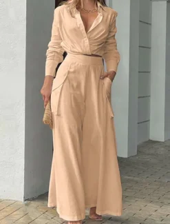 Best Women's Elegant Stylish Shirt Cotton Linen Sets Two Piece Sets Wide Leg Pants Long Sleeve Shirt Collar Plain Office Work Black White Blue Summer Regular Fit Women Sets