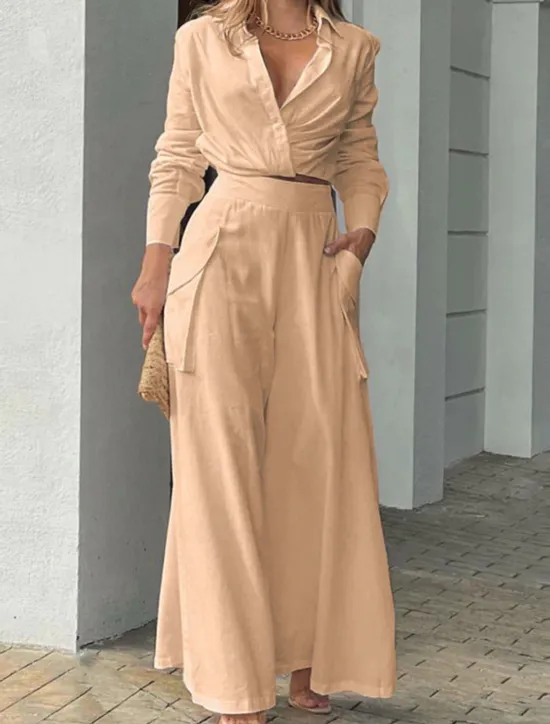 Best Women's Elegant Stylish Shirt Cotton Linen Sets Two Piece Sets Wide Leg Pants Long Sleeve Shirt Collar Plain Office Work Black White Blue Summer Regular Fit Women Sets