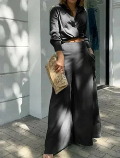 Best Women's Elegant Stylish Shirt Cotton Linen Sets Two Piece Sets Wide Leg Pants Long Sleeve Shirt Collar Plain Office Work Black White Blue Summer Regular Fit Women Sets