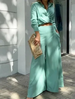 Best Women's Elegant Stylish Shirt Cotton Linen Sets Two Piece Sets Wide Leg Pants Long Sleeve Shirt Collar Plain Office Work Black White Blue Summer Regular Fit Women Sets