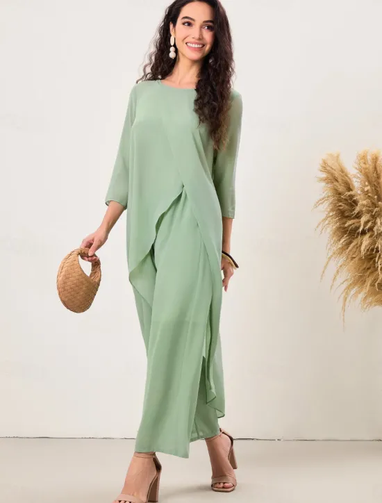 Clearance Women's Elegant Stylish Work Slim Solid Color Plain 3/4 Length Sleeve Crew Neck Summer Spring Fall Women Two Piece Sets