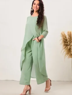Clearance Women's Elegant Stylish Work Slim Solid Color Plain 3/4 Length Sleeve Crew Neck Summer Spring Fall Women Two Piece Sets