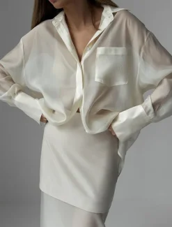 Clearance Women's Elegant Vacation Daily Skirt Sets Long Sleeve Shirt Collar Solid Color Vacation Party Casual Summer Regular Fit Women Two Piece Sets
