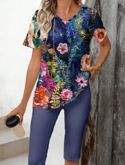 Clearance Women's Elegant Vacation Fashion T Shirt Shorts Sets Short Sleeve V Neck Floral Graphic Print Casual Daily Casual Daily Summer Regular Fit Women Two Piece Sets