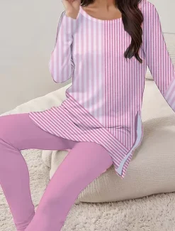 Online Women's Elegant Vacation Fashion T Shirt Pants Sets Long Sleeve Round Neck Floral Graphic Striped Print Casual Daily Summer Regular Fit Women Two Piece Sets