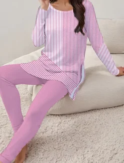 Online Women's Elegant Vacation Fashion T Shirt Pants Sets Long Sleeve Round Neck Floral Graphic Striped Print Casual Daily Summer Regular Fit Women Two Piece Sets