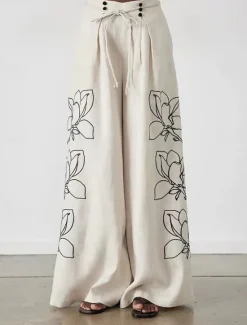 Women's Elegant Vacation Vintage Pants Sets Long Sleeve Lantern Sleeve Shirt Embroidered Collar Floral Vacation Casual Daily Spring Loose Fit Women Sets