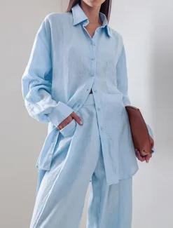 Discount Women's Elegant Vacation Vintage Shirt Pants Sets Long Sleeve Shirt Collar Solid Color Vacation Work Daily Spring Loose Fit Women Two Piece Sets