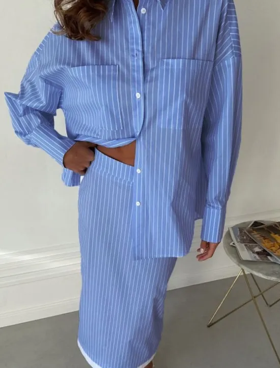Sale Women's Elegant Vacation Vintage Skirt Sets Long Sleeve Shirt Collar Striped Patchwork Vacation Office Daily Summer Regular Fit Women Sets